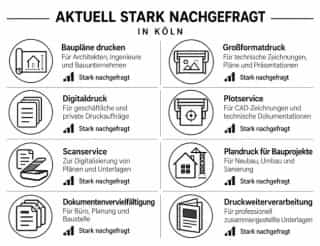 Infografik der reproplan Köln GmbH mit acht Druckdienstleistungen: Baupläne drucken, Großformatdruck, Digitaldruck, Plotservice, Scanservice, Plandruck, Dokumentenvervielfältigung und Druckweiterverarbeitung.